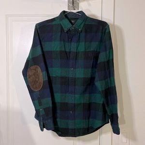 J.Crew Green & Blue Checkered Flannel Shirt (With Elbow Patches) (S)